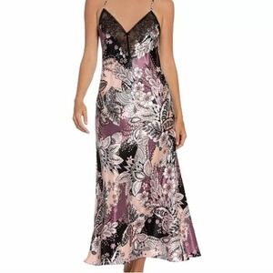Linea Donatella Floral Paisley Lace Trim Chemise Slip Dress M Purple Pink Satin